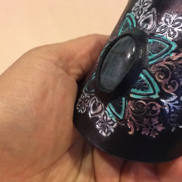 Tooled Leather Cuff Bracelet with Labradorite Gemstone Inlay Boho Mandala Cuff - Picture 7 of 12